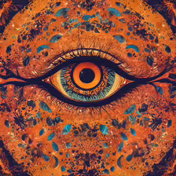 an eye is shown in this artistic painting,an orange eye with blue and yellow iris, and small red leaves