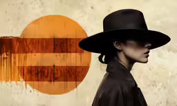 a woman with a black hat on with an orange and white backdrop