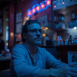 a young man at the bar with glasses on