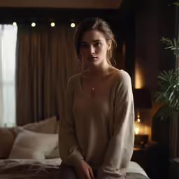 a woman sits on a bed, looking off to the side