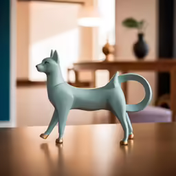 an empty dog toy on a table with a chair in the background