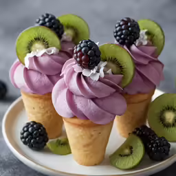 fresh fruit displayed in ice cream cones for the dessert