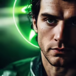 a man looking directly at the camera with green light behind him