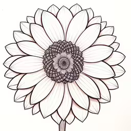 a drawing of a sunflower with a black and white center,an intricate drawing of a sunflower made from a single stem