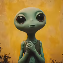 an alien appears to be begging for food and a good cup of tea