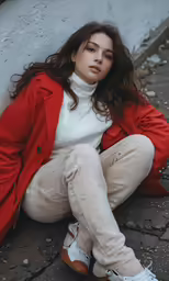 a woman sitting against a wall wearing white shoes