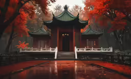 a pavilion with red autumn leaves and benches
