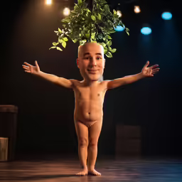 a baby standing on the stage with his arms spread wide out