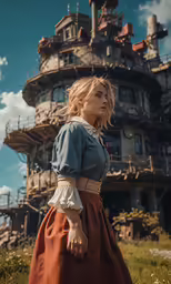 a woman is standing in front of an old house