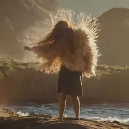 the woman is standing on a large rock with her hair blowing in the wind