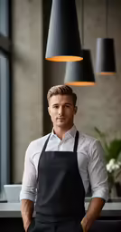 a man is standing by some lights wearing an apron