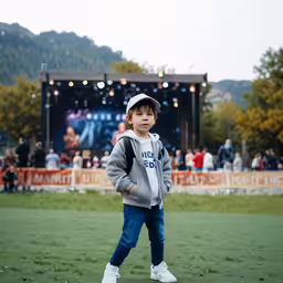 a small boy walking on top of a lush green field