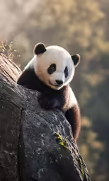 a panda bear sitting on top of a big rock