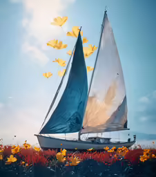 a sailboat with many white sail caps floating over water