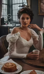 a woman in a dress with a cake on a plate