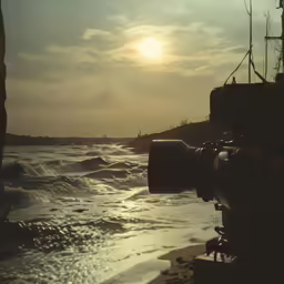 a person taking pictures of the ocean water and land