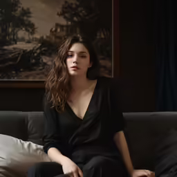 a woman sitting on top of a couch in a black shirt and pant