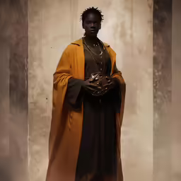 a woman in a long orange coat stands