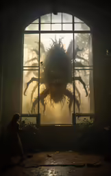 a creepy monster looking out the window