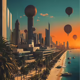 a bunch of hot air balloons flying over a beach