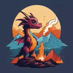 a cartoon dragon that is standing in the grass,the dragon is standing on a mountain while the moon shines behind him