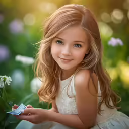 young girl in dress with flowers and paper card in hand