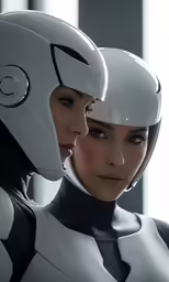 two women dressed in white and black are standing together