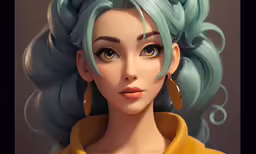 a digital artwork painting of a woman with blue hair and bangs