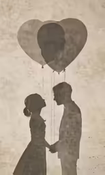 a silhouette of two people holding balloons, one in the shape of a heart