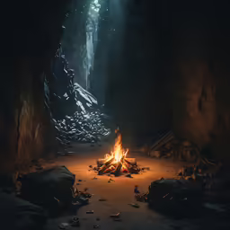 a dark cave is lit up with glowing torches