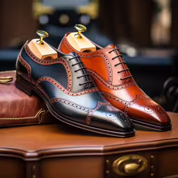 two tone dress shoes sitting on top of a brown leather case,a pair of colorful shoes sits on top of a suitcase