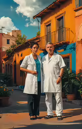 a couple of people standing next to each other on a sidewalk