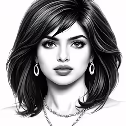 a woman in black and white, with big earrings