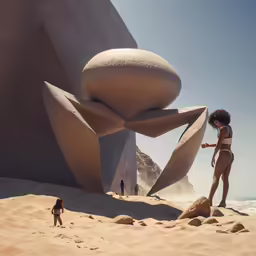two women are on the beach in a bikini standing in front of the sculpture
