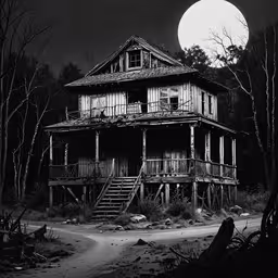 an old house in the middle of a forest under a large moon,an old house with lots of windows and stairs