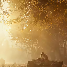 a person is sitting on the ground by the woods
