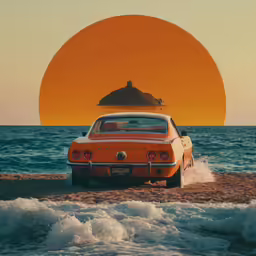 an orange car sits in the sand at the beach with an orange sun behind it