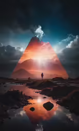 a person standing near a body of water in front of mountains