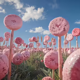 pink donuts on sticks with flowers in the background