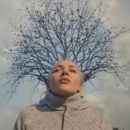 the woman is staring at an upclose tree