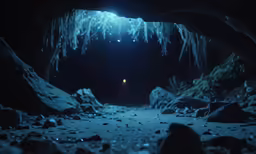 the inside of a cave with a light in the corner