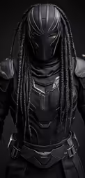 a man with dreadlocks on his head and wearing a black leather armor