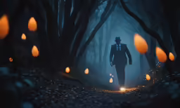 a man in a dark forest walking alone with orange lanterns