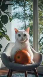 a cat sitting in a chair with an orange