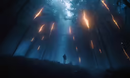 a person walking down the street surrounded by fireworks