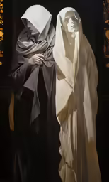two statues are dressed in robes with long sleeves