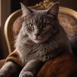 a cat sits on an ornate chair with its legs folded