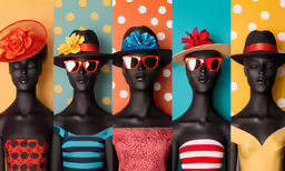 multiple mannequins dressed in colorful clothing and hats