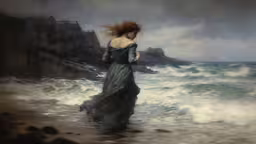 an artistic photograph of a woman walking in the water,a painting of a girl at the ocean edge
