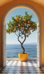a potted tree sitting on top of a window next to an ocean